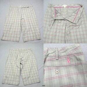 Lady Hagen Golf Shorts Women 10 Cream Pink Breast‎ Cancer Plaid Belted Bermuda